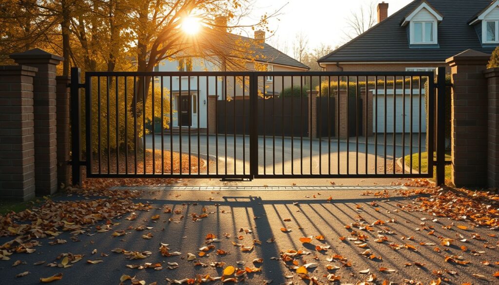 Automatic driveway gate in autumn with fallen leaves